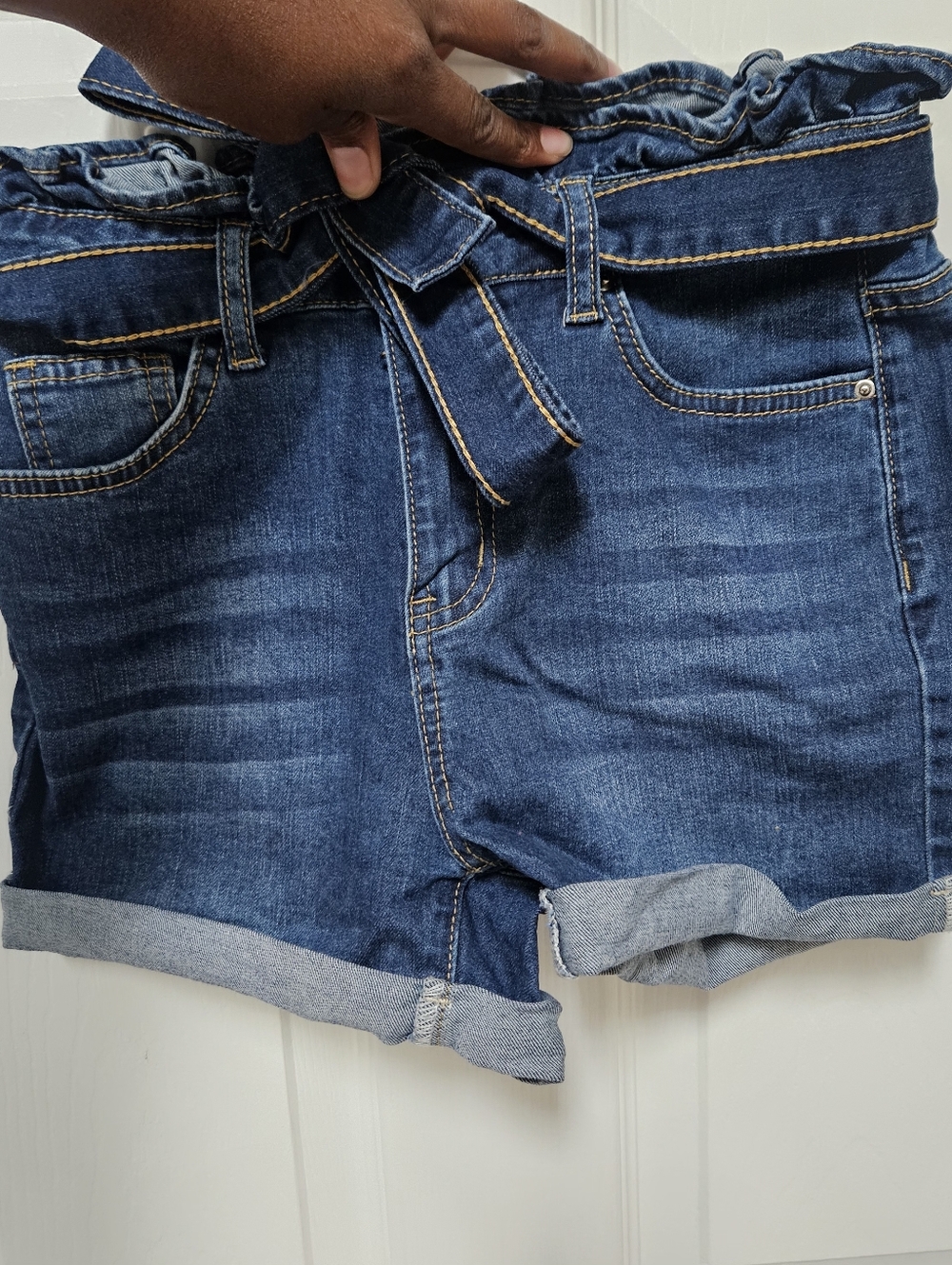 Women’s Dark Blue Denim Paperbag Waist Shorts